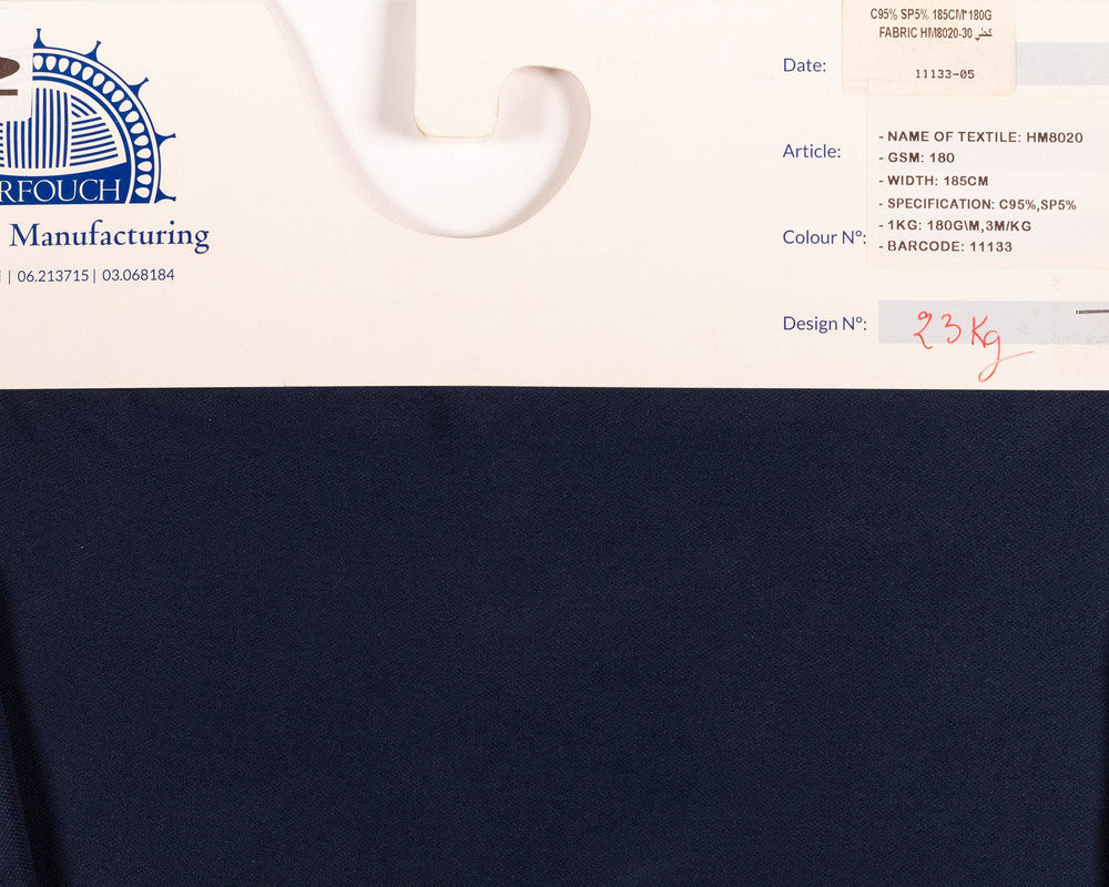 Kg ⚜  
11133-05 ⚜  
C7 ⚜  
PANTONE: Navy Blue ⚜  
95 % cotton 5 % spandex, 185cmx180g fabric hm8020-30 P:Navy Blue