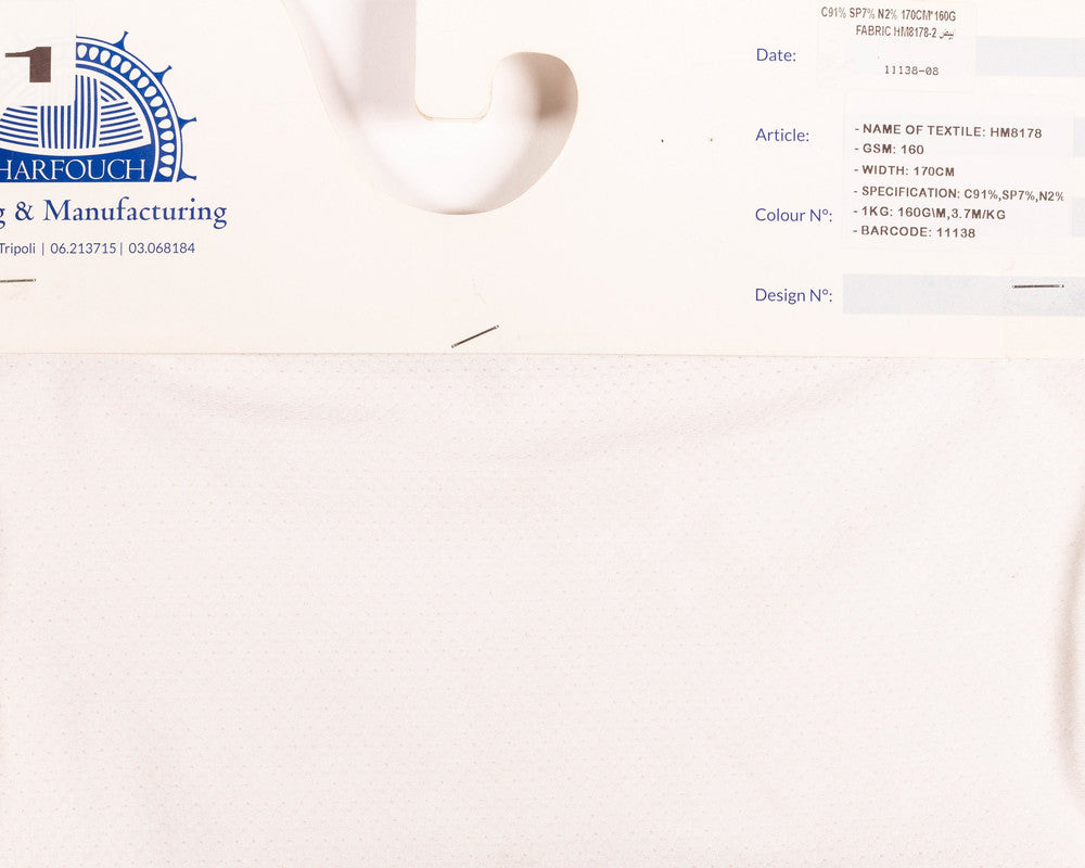 Kg ⚜  
11138-08 ⚜  
A7 ⚜  
PANTONE: White ⚜  
Cotton 91 % Spandex 7 % Nylon 2 %, 170cmx160g fabric hm8178-2 P:White