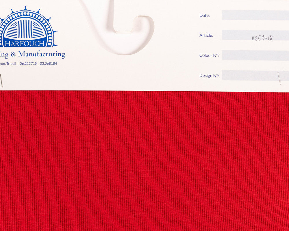 Kg ⚜  
11259-18 ⚜  
B6 ⚜  
PANTONE: Red ⚜  
rib 1x2 20/1 soft 40D two, 95 % cotton and 5 % elastane, P:Red