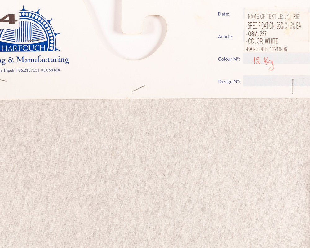 Kg ⚜  
11216-08 ⚜  
B6 ⚜  
PANTONE: Marl White Grey ⚜  
20/1 lyc rib, 95 % cotton 5 % elastane P:Marl White Grey