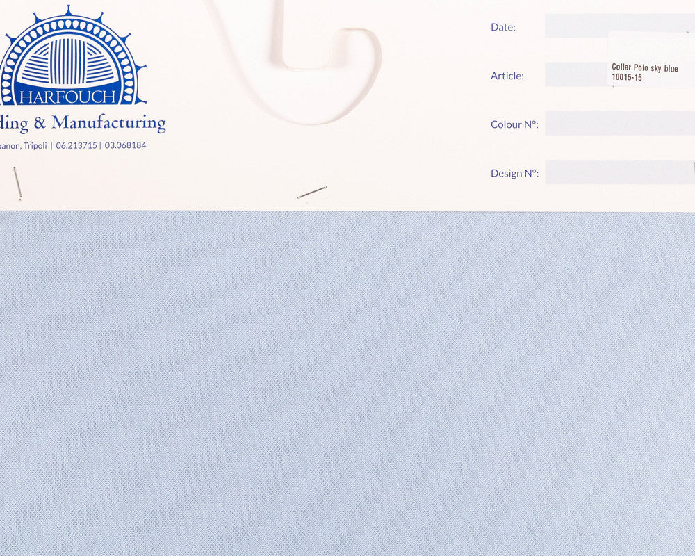Kg ⚜  
10015-15 ⚜  
C7 ⚜  
PANTONE: Turquoise ⚜  
polo fabric, 50 % nylon 50 % cotton, sky blue