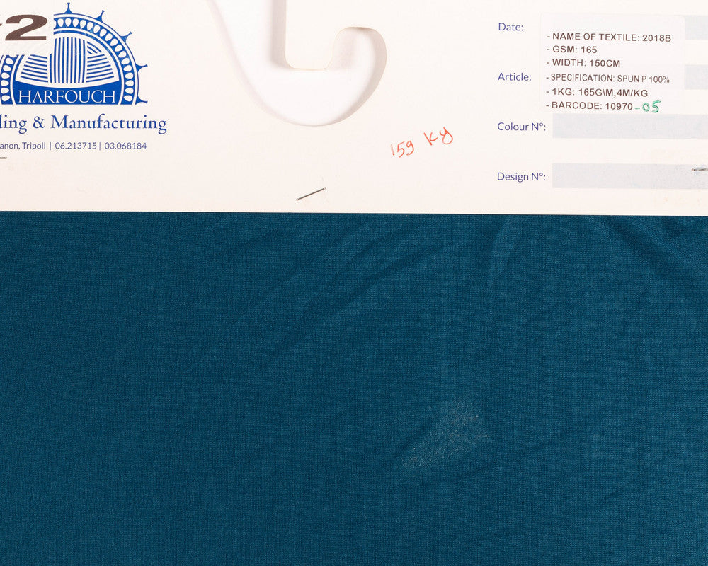 Kg ⚜  
10970-05 ⚜  
B5 ⚜  
PANTONE: Petroli-Blue ⚜  
single jersey, 100 % spun polyester, 165 gsm, 150 cm, P:Petroli-Blue