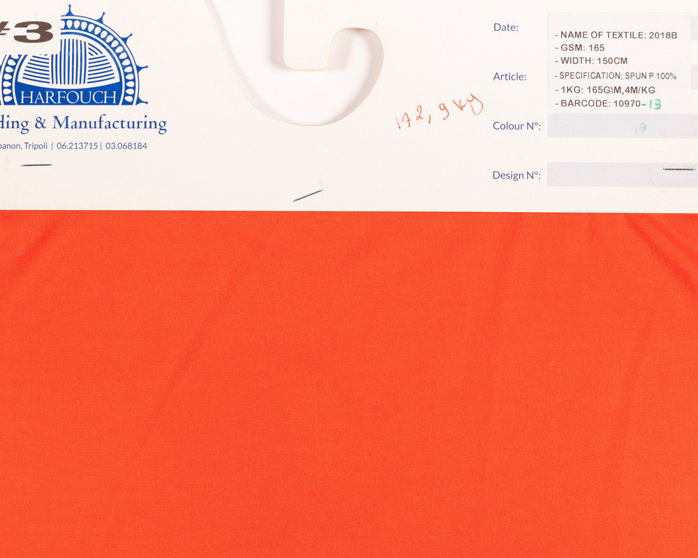 Kg ⚜  
10970-13 ⚜  
B5 ⚜  
PANTONE: Orange ⚜  
single jersey, 100 % spun polyester, 165 gsm, 150 cm, P:Orange