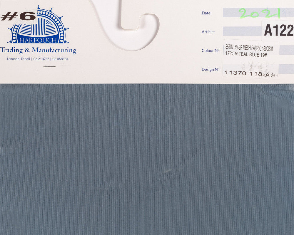 Kg ⚜  
11370-118 ⚜  
A3 ⚜  
PANTONE: Bluestone-Blue ⚜  
mesh fabric, 85 % nylon 15 % spandex, 160gsm 172cm 19# P:Bluestone-Blue