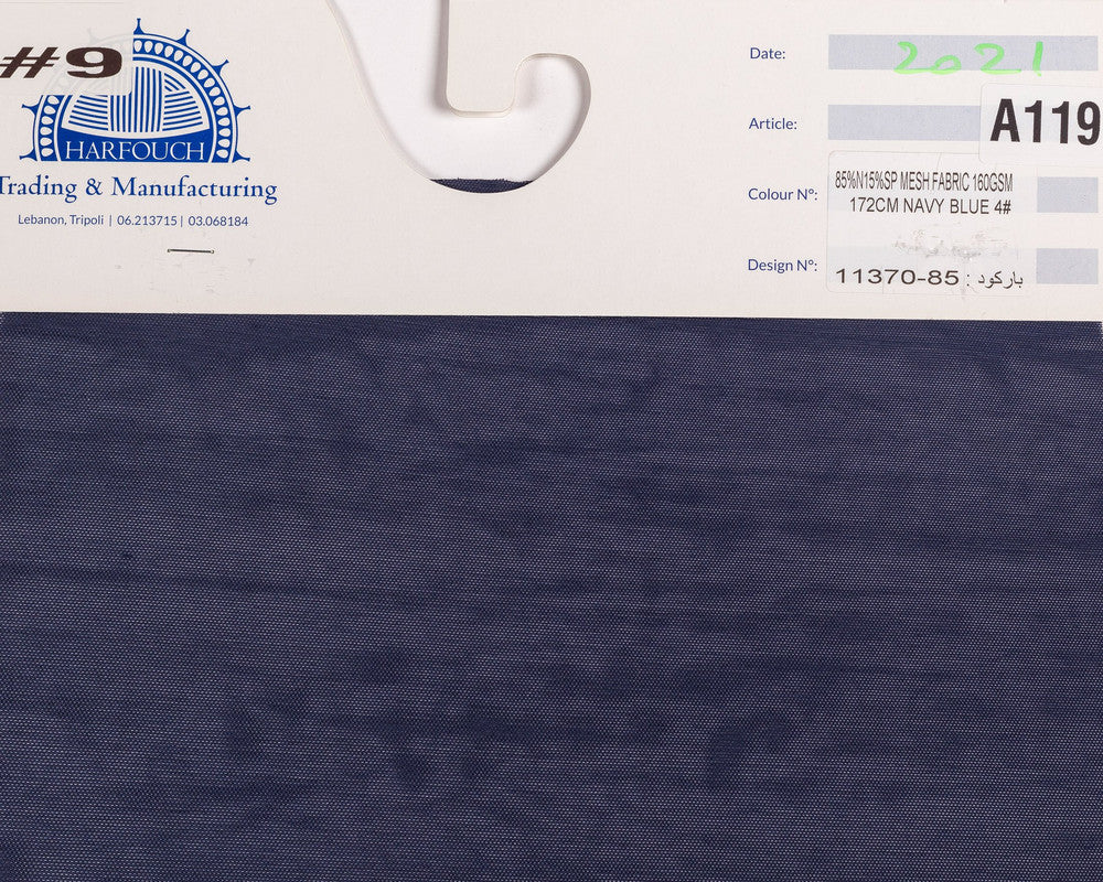 Kg ⚜  
11370-85 ⚜  
A3 ⚜  
PANTONE: Navy Peony-Blue  ⚜  
mesh fabric, 85 % nylon 15 % spandex, 160gsm 172cm 4# P:Navy Peony-Blue